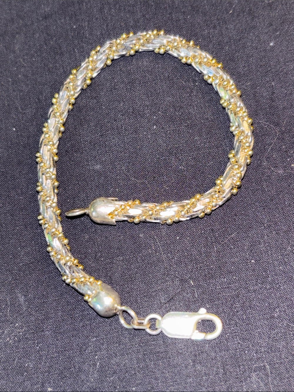 Sterling Silver Braided Rope Bracelet w/Goldtone Beads Around 7” 16g